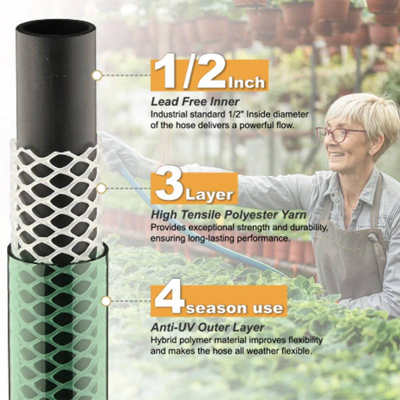 Orgrimmar 15FT Lightweight PVC Garden Hose: 1/2 Inch Flexible Hose with 3/4 Inch GHT and Shut Off Valve - Leak-Proof Design with Washers and Repair Connector for Small Yard Car Washing - Image 2